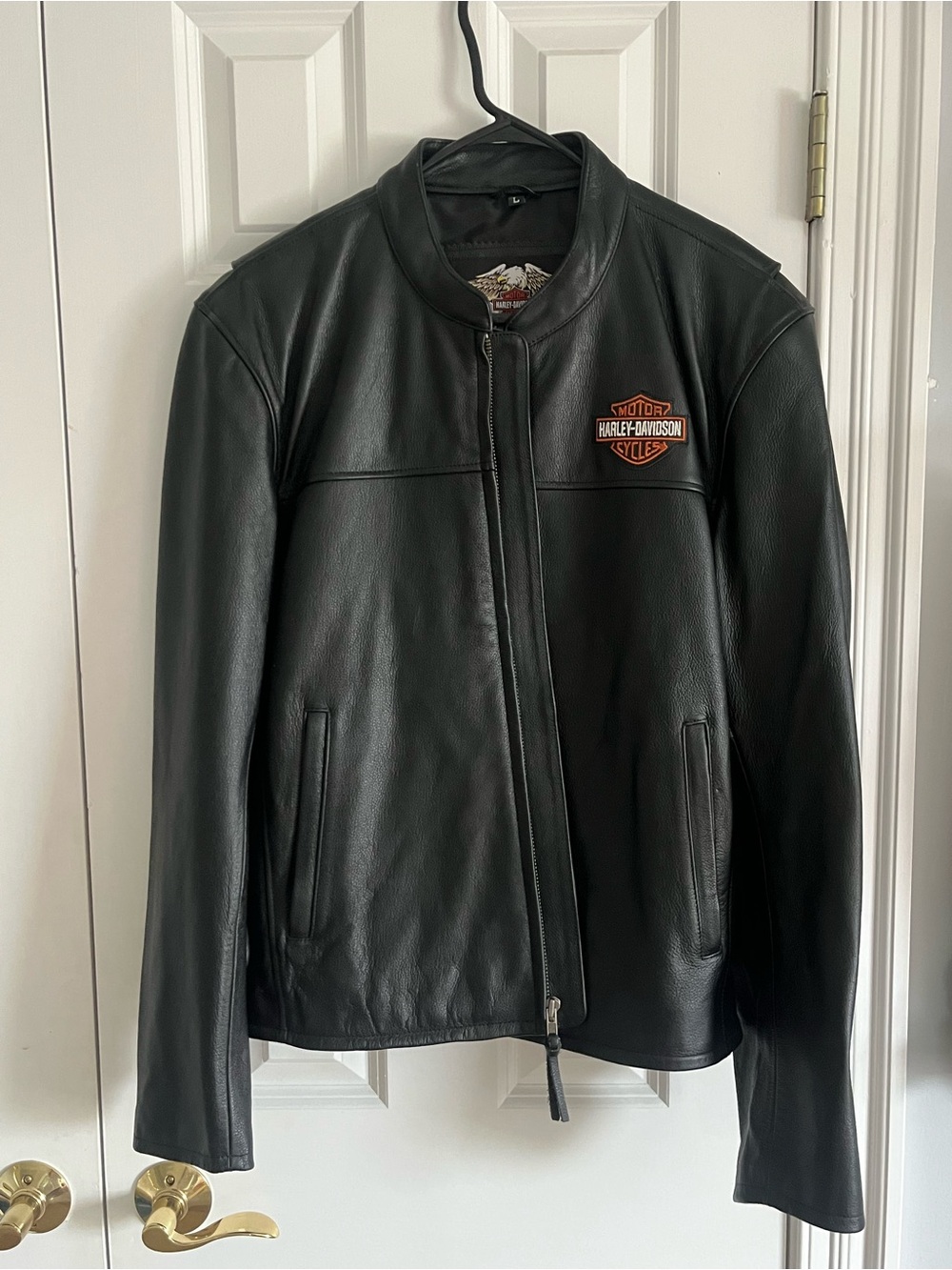 Harley-Davidson Black Leather Biker Jacket with Orange Logo Patch
